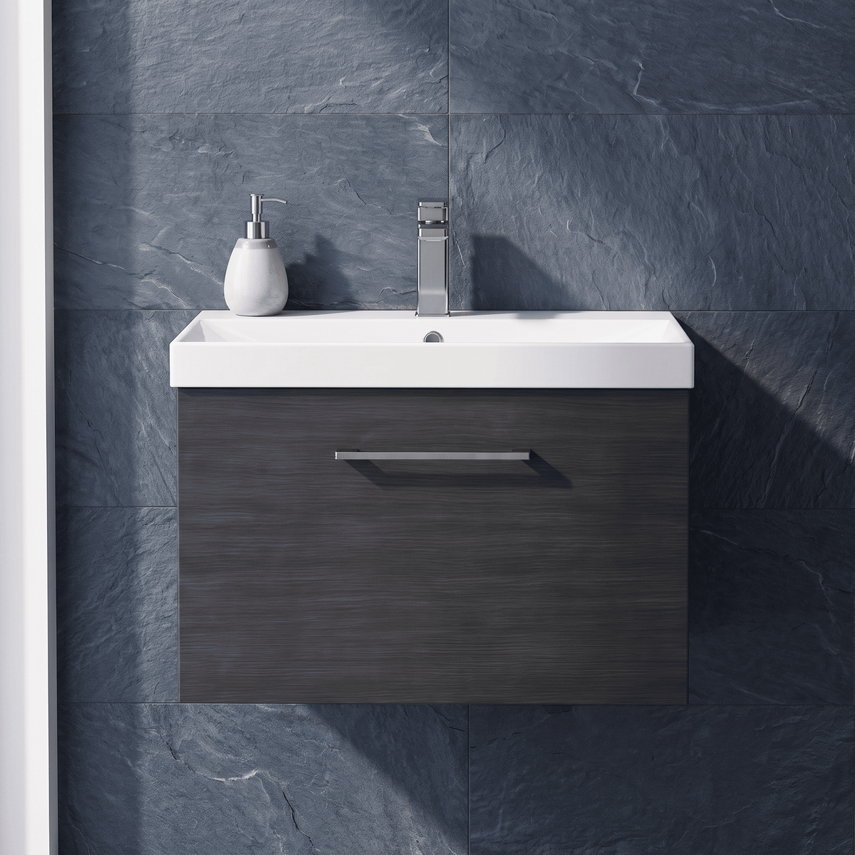 [BFLE622AH716] Bramshall Wall Hung 1 Drawer Vanity Unit with Mid-Edge Ceramic Basin 600mm - Studio Shot