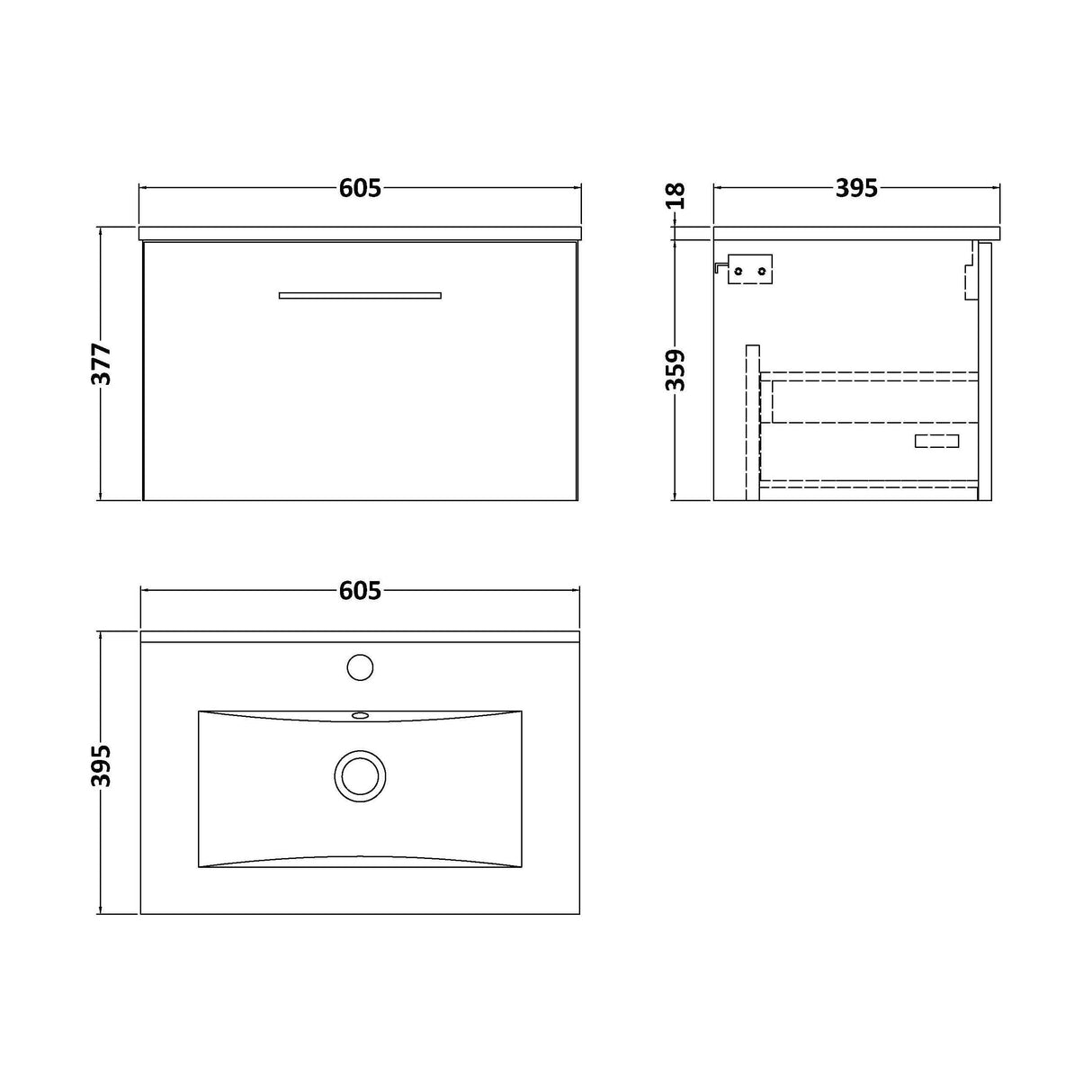 [BFLE622B] Balterley  Contemporary Bathroom 1 Soft Close Drawer & Minimalist Wall Hung Vanity Unit Basin, Charcoal Black, 600mm - Technical Drawing