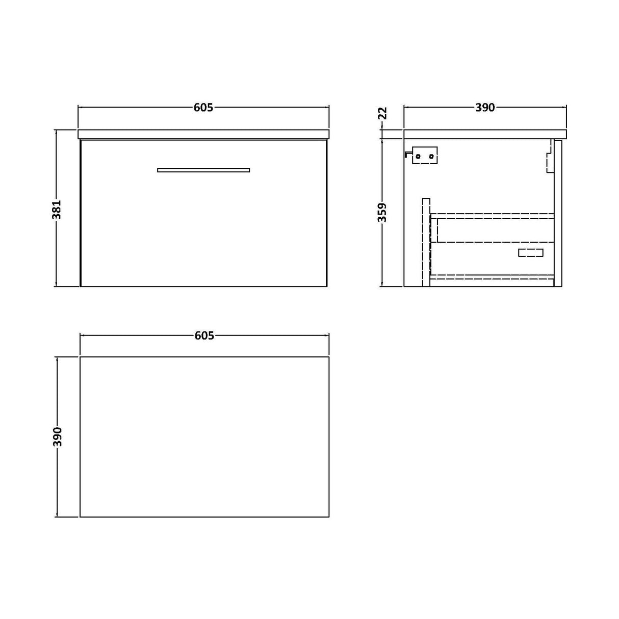 [BFLE622LBG] Balterley Level 600mm Wall Hung Single Drawer Vanity Unit with Laminate Worktop for Modern Bathroom Storage - Charcoal Black - Technical Drawing