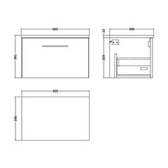 [BFLE622LBG] Balterley Level 600mm Wall Hung Single Drawer Vanity Unit with Laminate Worktop for Modern Bathroom Storage - Charcoal Black - Technical Drawing