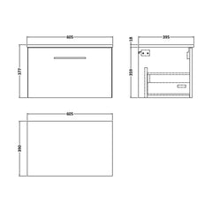 [BFLE622W] Balterley Level Contemporary Bathroom Wall Hung 1-Drawer Vanity Unit with Worktop, Charcoal Black, 600mm - Technical Drawing
