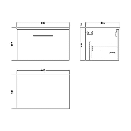 [BFLE622W] Balterley Level Contemporary Bathroom Wall Hung 1-Drawer Vanity Unit with Worktop, Charcoal Black, 600mm - Technical Drawing