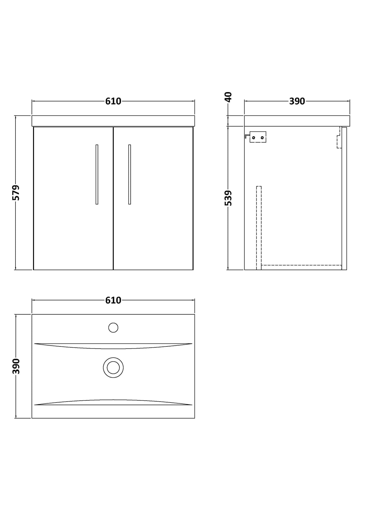 [BFLE623A] Bramshall Contemporary 2 Door Wall Hung Vanity Basin Unit with Mid-Edge Basin, Choice of Size and Colour - Line Drawing