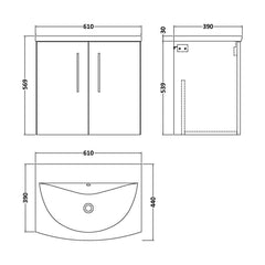 [BFLE623G] Bramshall Contemporary 2 Door Wall Hung Vanity Basin Unit, Choice of Size, Colour and Basin - Technical Drawing