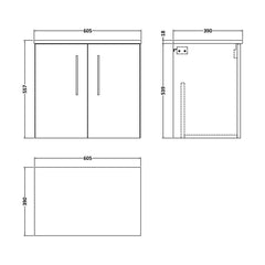 [BFLE623W] Bramshall Contemporary 2 Door Wall Hung Vanity Unit with Worktop, 600mm, Choice of Colour - Technical Drawing