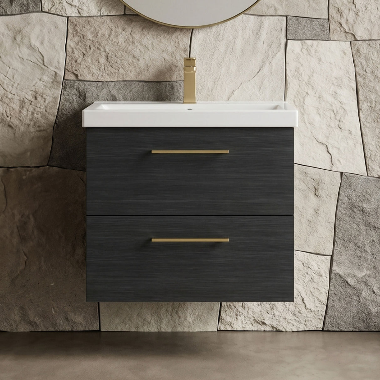 [BFLE624AH017] Bramshall Wall Hung 2 Drawer Vanity Unit with Mid-Edge Ceramic Basin - Choice of Colour, Handle Finish and Size - Silo