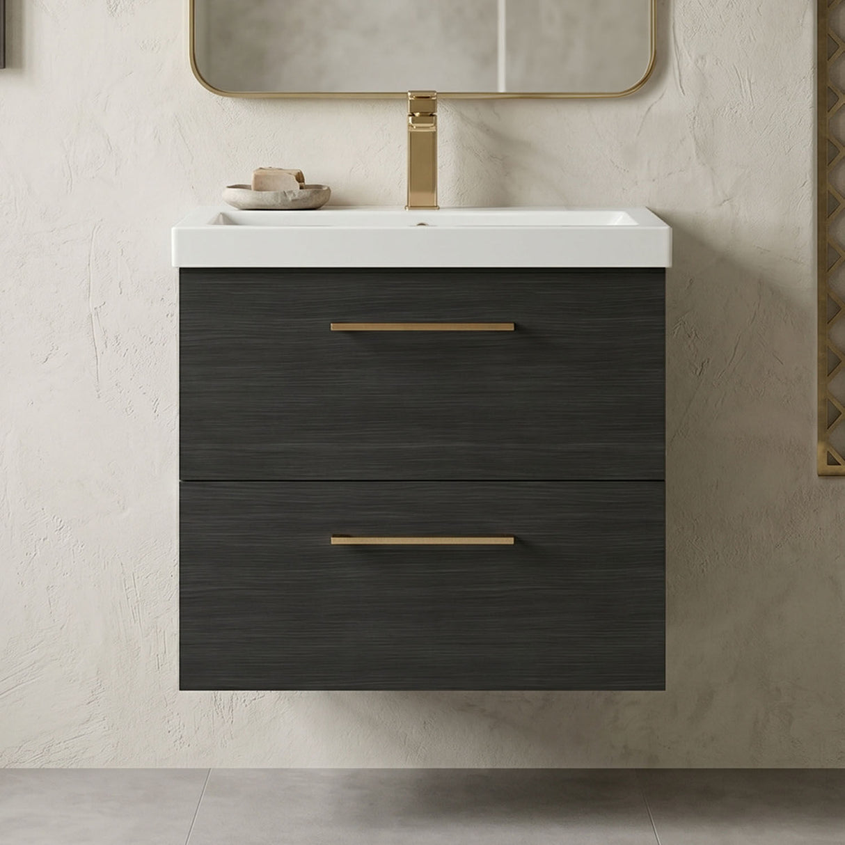 [BFLE624AH1516] Bramshall Wall Hung 2 Drawer Vanity Unit with Mid-Edge Ceramic Basin - Choice of Colour, Handle Finish and Size - Silo