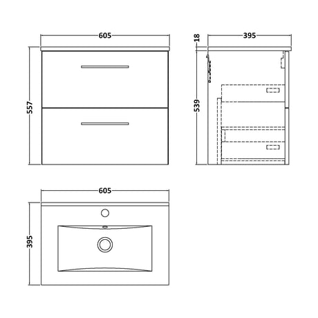 [BFLE624B] Balterley  Contemporary Bathroom 2 Soft Close Drawer & Minimalist Wall Hung Vanity Unit Basin, Charcoal Black, 600mm - Technical Drawing