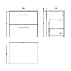 [BFLE624W] Bramshall Contemporary 2 Soft Close Drawer Wall Hung Vanity Unit with Worktop, Choice of Size and Colour - Technical Drawing
