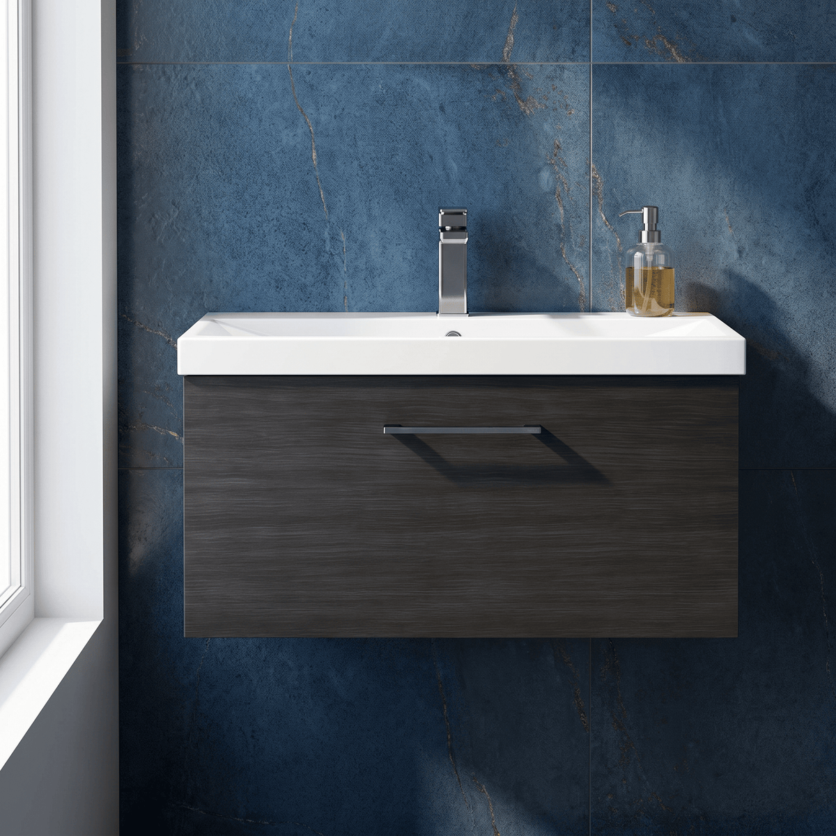 [BFLE625AH716] Bramshall Wall Hung 1 Drawer Vanity Unit with Mid-Edge Ceramic Basin 800mm - Studio Shot