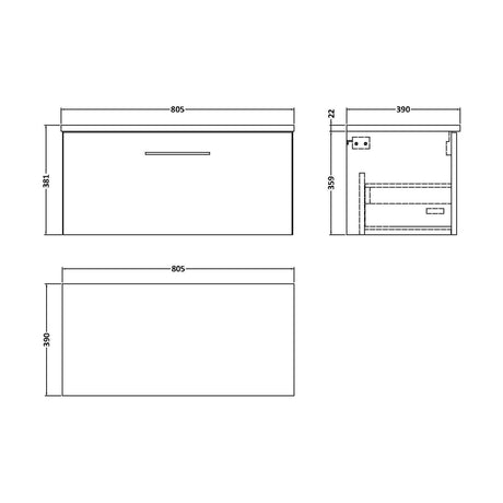 [BFLE625LCM] Balterley Level 800mm Wall Hung Single Drawer Vanity Unit & Laminate Worktop for Modern Bathroom Storage - Charcoal Black - Technical Drawing