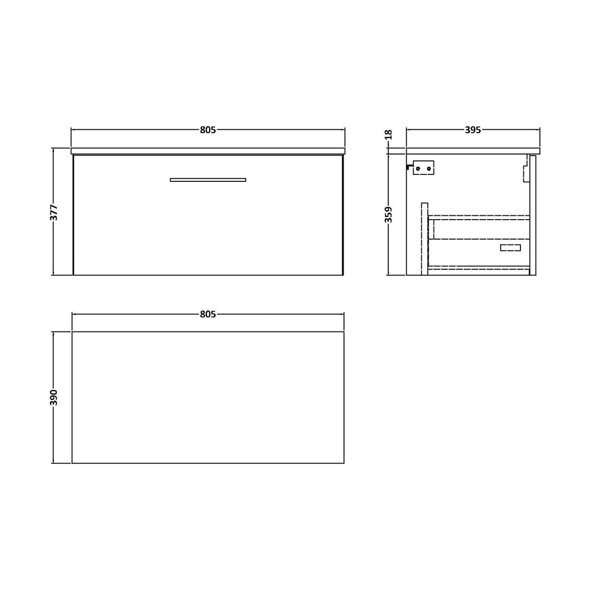 [BFLE625W] Bramshall Contemporary 1 Soft Close Drawer Wall Hung Vanity Worktop Unit, Choice of Size/Colour - Technical Drawing