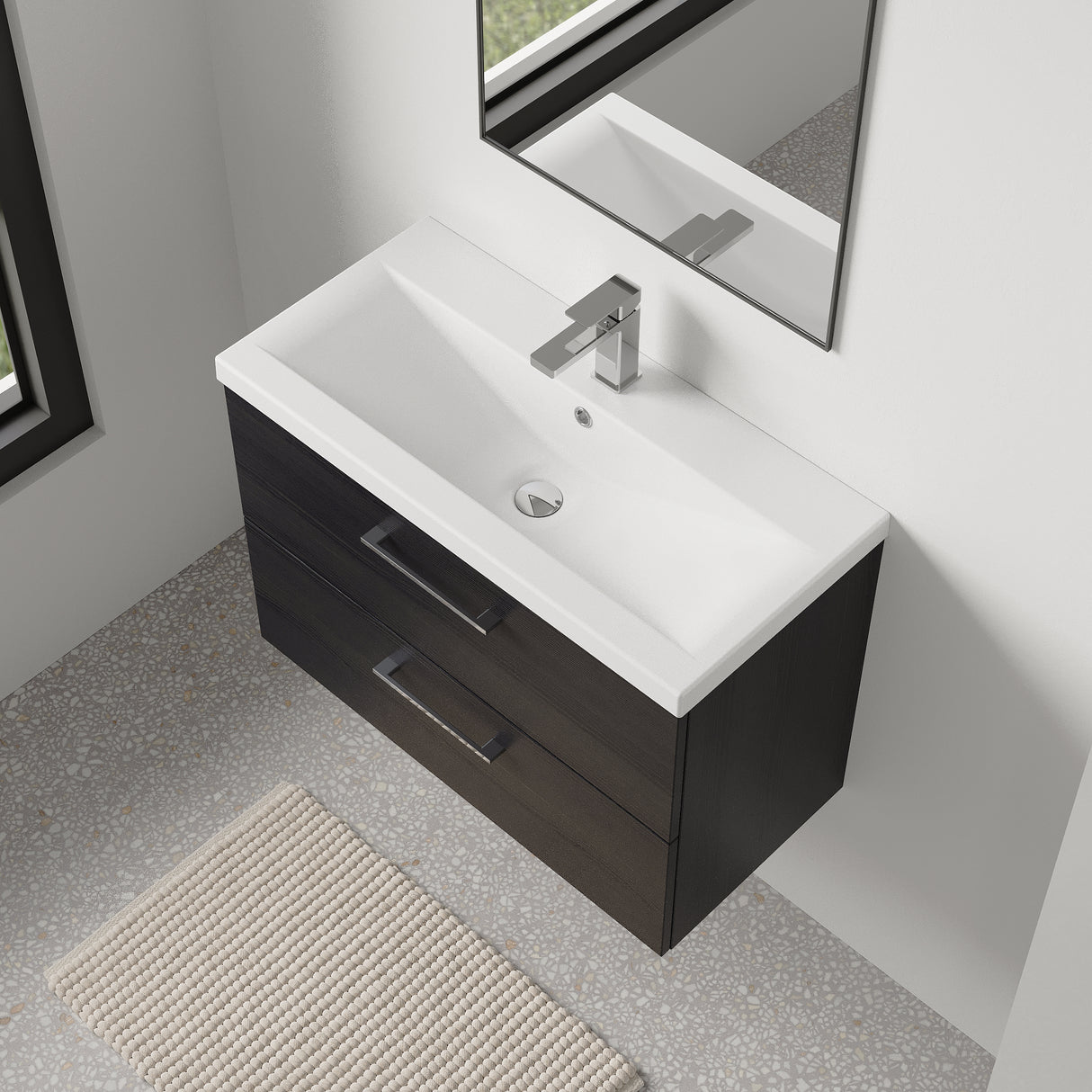 Wall Hung 2 Drawer Vanity Unit with Mid-Edge Ceramic Basin - Choice of Colour, Handle Finish and Size