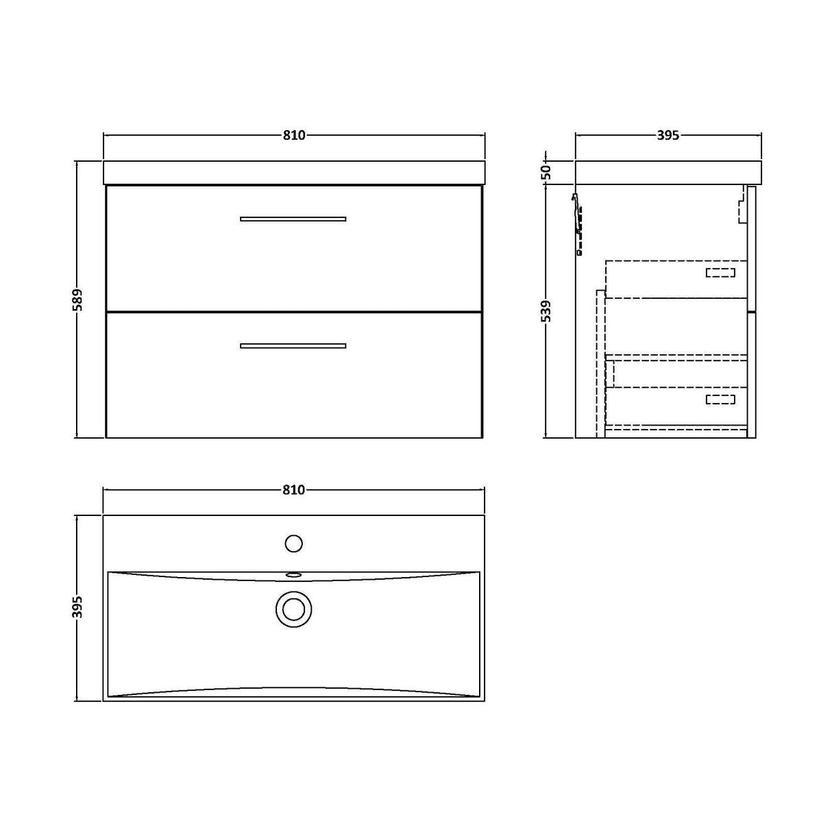 [BFLE626D] Balterley  Modern Bathroom 2 Soft Close Drawer Wall Hung Vanity Unit & Thin-Edge Basin, Charcoal Black, 800mm - Technical Drawing