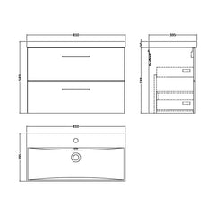[BFLE626D] Balterley  Modern Bathroom 2 Soft Close Drawer Wall Hung Vanity Unit & Thin-Edge Basin, Charcoal Black, 800mm - Technical Drawing