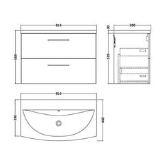[BFLE626G] Balterley  Modern Bathroom 2 Soft Close Drawer Wall Hung Vanity & Curved Basin, Charcoal Black, 800mm - Technical Drawing