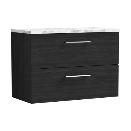 [BFLE626LCM] Bramshall Contemporary 2 Drawer Wall Hung Vanity Unit with Carrera Marble Laminate Worktop, Choice of Size and Colour - Cutout