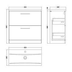 [BFLE635A] Balterley Contemporary Bathroom Floor Standing 2 Soft-Close Drawer Vanity Unit & Mid-Edge Basin, Charcoal Black, 800 mm - Technical Drawing