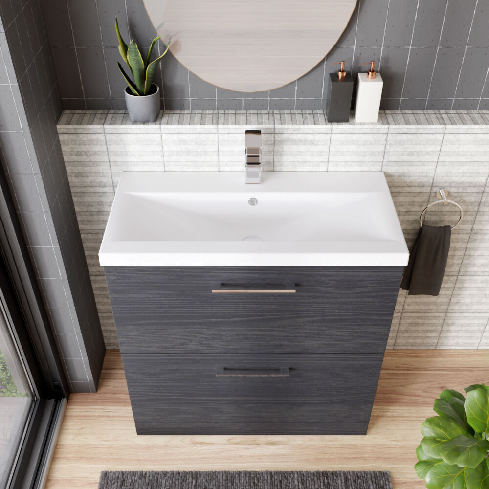 [BFLE635A] Balterley Contemporary Bathroom Floor Standing 2 Soft-Close Drawer Vanity Unit & Mid-Edge Basin, Charcoal Black, 800 mm - Lifestyle 2
