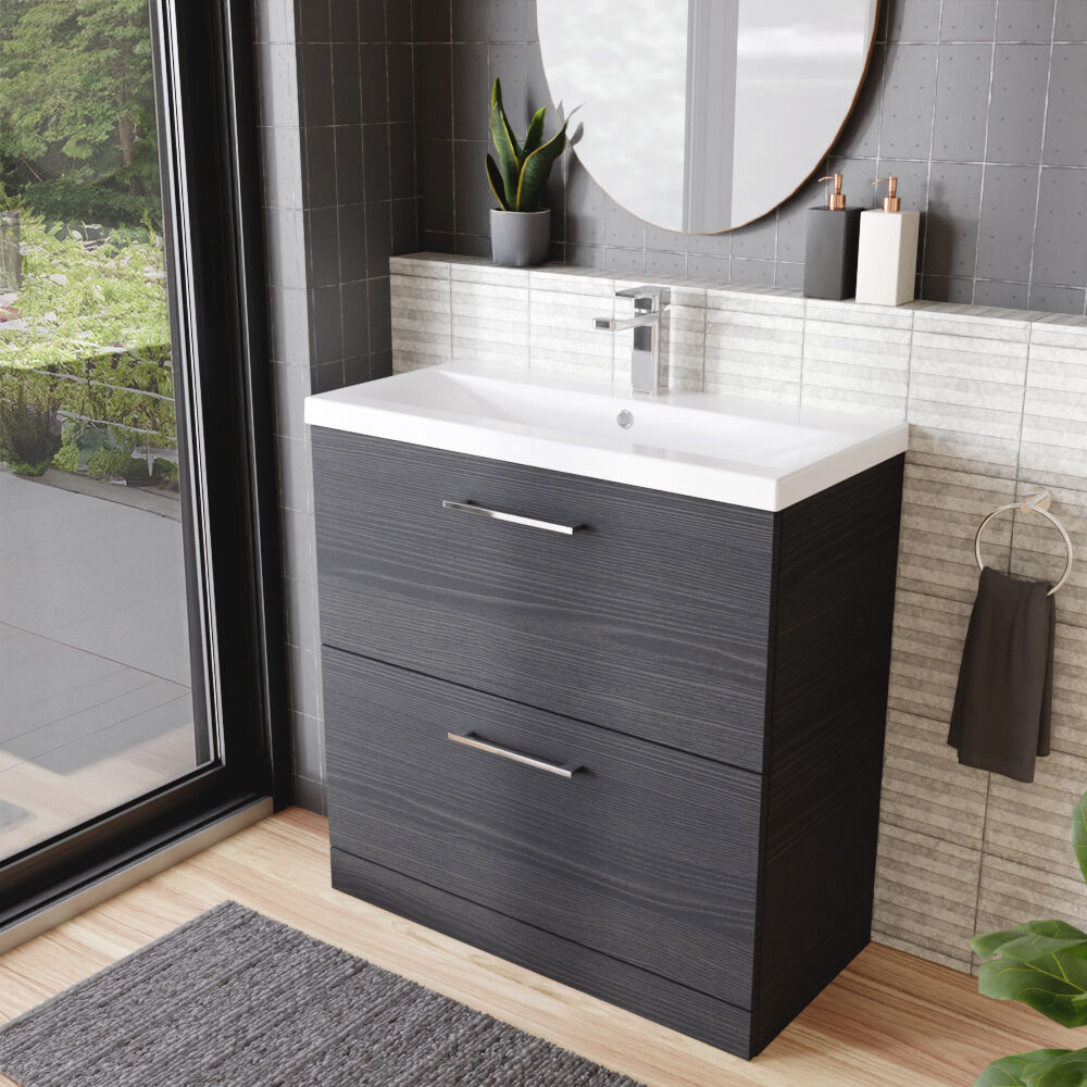 [BFLE635A] Balterley Contemporary Bathroom Floor Standing 2 Soft-Close Drawer Vanity Unit & Mid-Edge Basin, Charcoal Black, 800 mm - Lifestyle 3