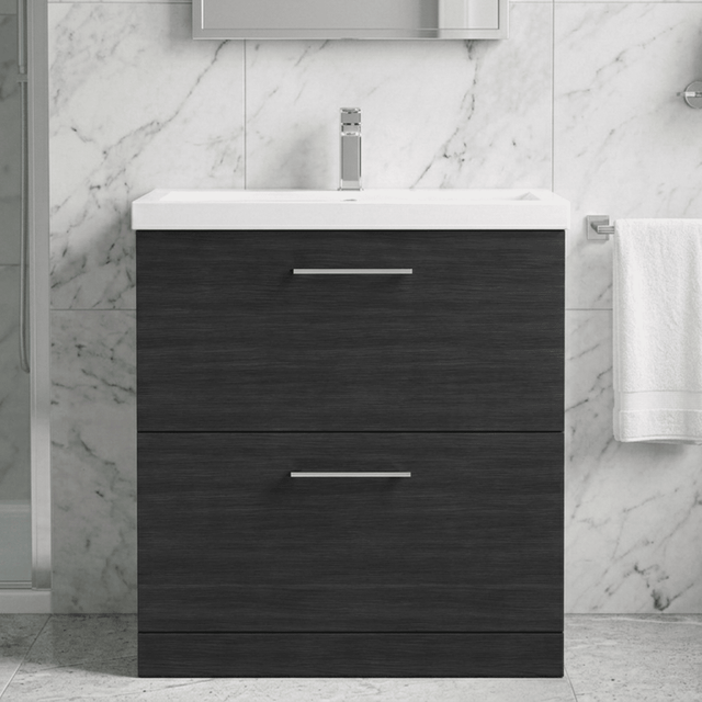 [BFLE635A] Balterley Contemporary Bathroom Floor Standing 2 Soft-Close Drawer Vanity Unit & Mid-Edge Basin, Charcoal Black, 800 mm - Silo