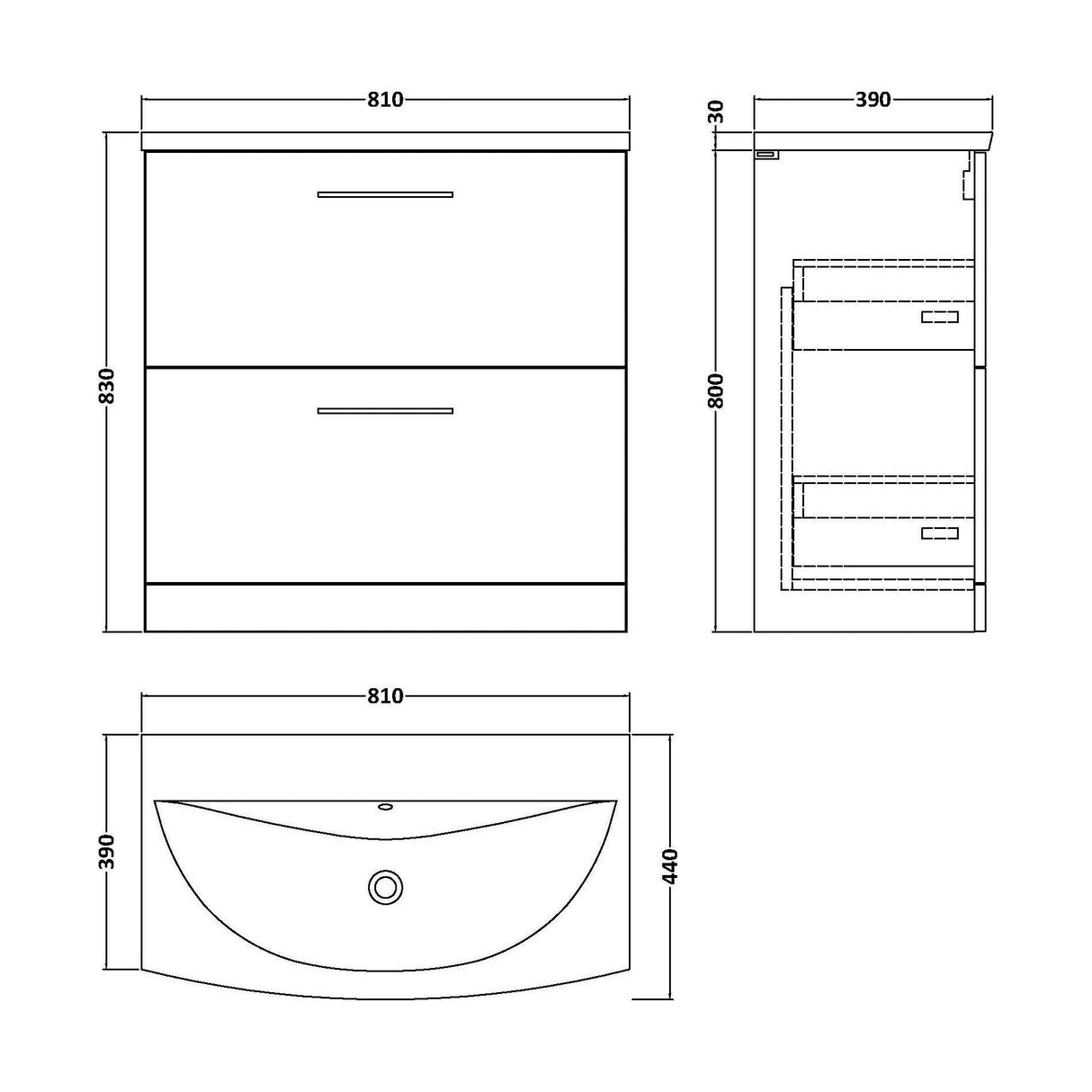 [BFLE635G] Bramshall Contemporary 2 Drawer Floor Standing Vanity Unit, Choice of Size, Colour and Basin - Technical Drawing