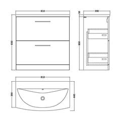[BFLE635G] Bramshall Contemporary 2 Drawer Floor Standing Vanity Unit, Choice of Size, Colour and Basin - Technical Drawing