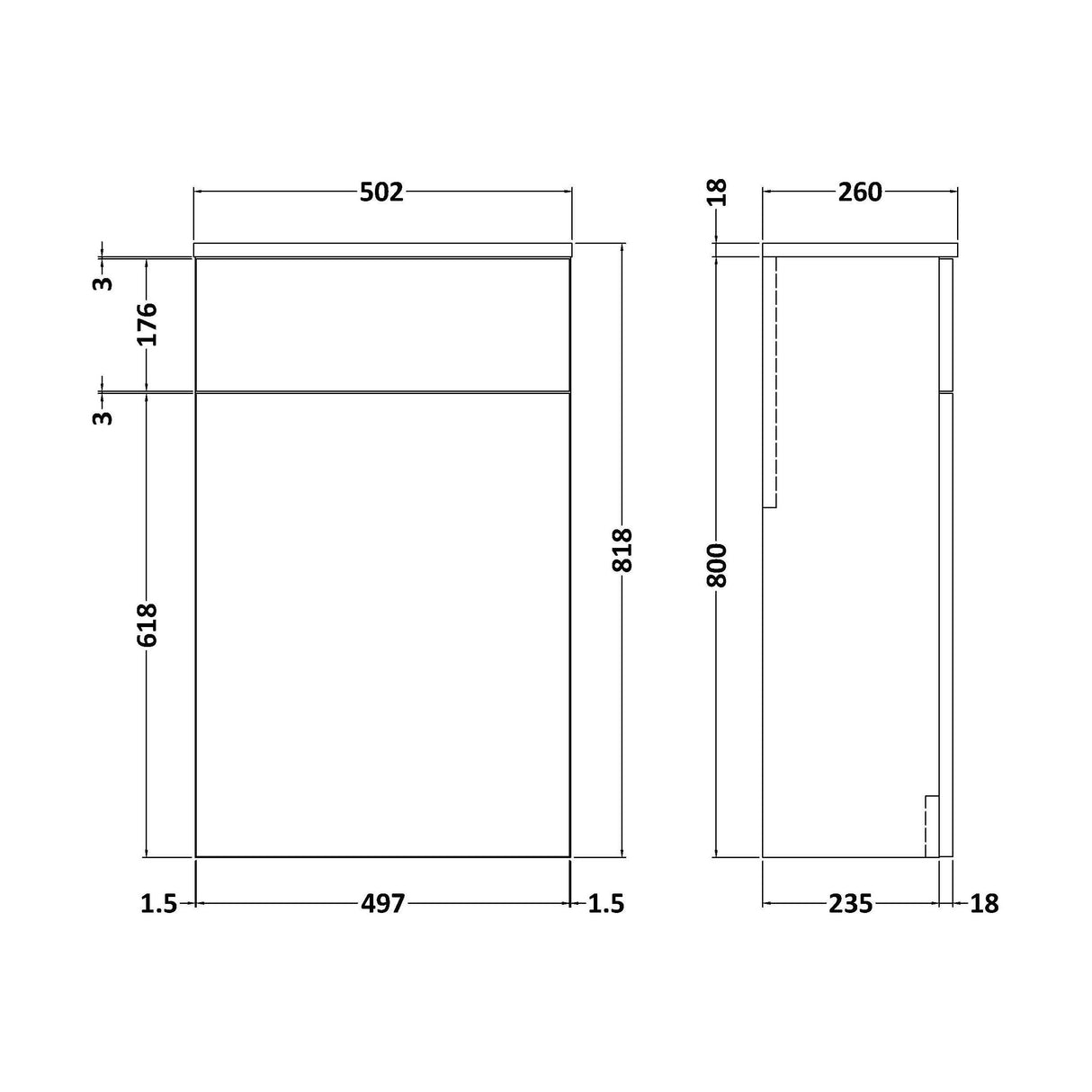 [BFLE641] Bramshall 500mm Floor-Standing Contemporary Compact WC Toilet Unit - Technical Drawing