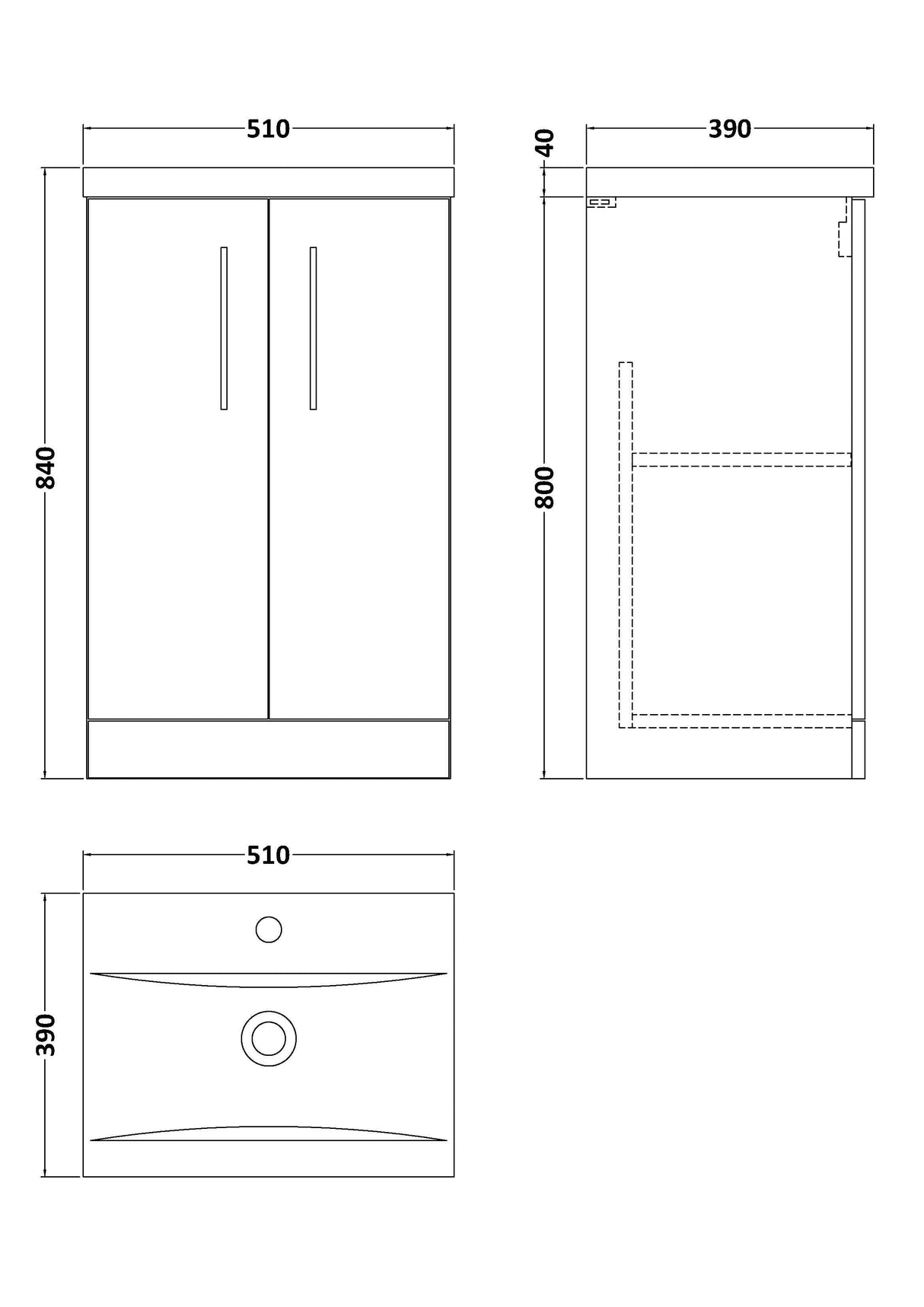[BFLE801A] Contemporary Floor Standing Vanity Unit with Mid-Edge Basin, Choice of Size - Line Drawing