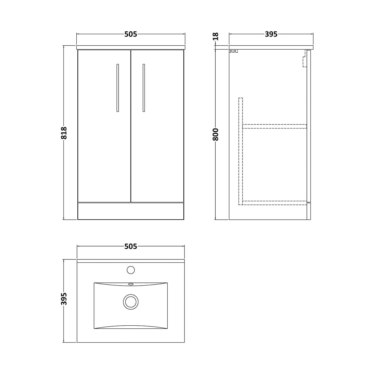 [BFLE801B] Bramshall Contemporary 2 Soft Close Doors Floor Standing Vanity Basin Unit, Choice of Size/Basin Type/Colour - Technical Drawing