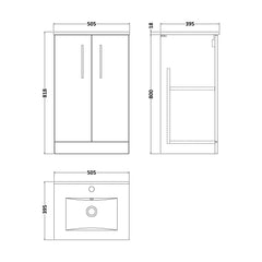 [BFLE801B] Bramshall Contemporary 2 Soft Close Doors Floor Standing Vanity Basin Unit, Choice of Size/Basin Type/Colour - Technical Drawing