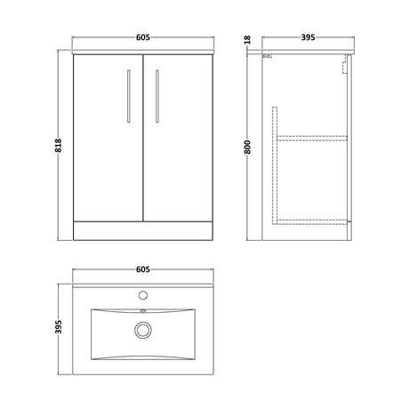 [BFLE803B] Balterley  Contemporary Bathroom 2 Soft Close Door & Minimalist Floor Standing Vanity Unit Basin, Satin Green, 600mm - Technical Drawing