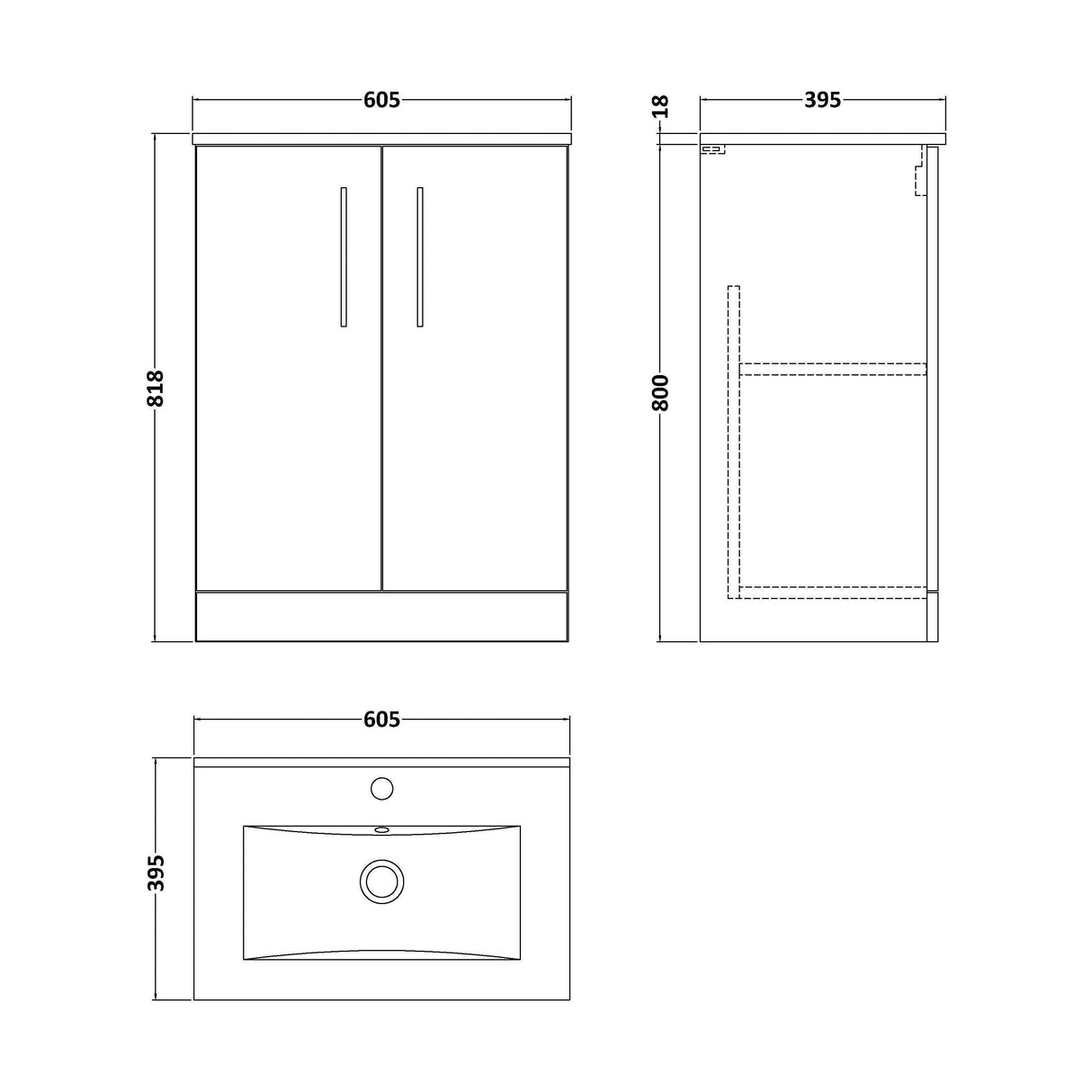[BFLE803B] Bramshall Contemporary 2 Soft Close Doors Floor Standing Vanity Basin Unit, Choice of Size/Basin Type/Colour - Technical Drawing