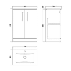 [BFLE803B] Bramshall Contemporary 2 Soft Close Doors Floor Standing Vanity Basin Unit, Choice of Size/Basin Type/Colour - Technical Drawing