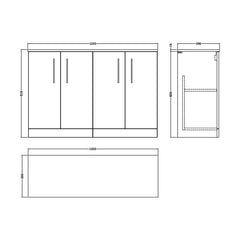 [BFLE803W2] Bramshall Contemporary 4 Door Floor Standing Vanity Unit with Worktop, 1200mm, Choice of Colour - Technical Drawing