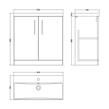 [BFLE805D] Balterley  Contemporary Bathroom 2-Door Floor-Standing Thin-Edge Vanity Unit Basin, Satin Green, 800mm - Technical Drawing