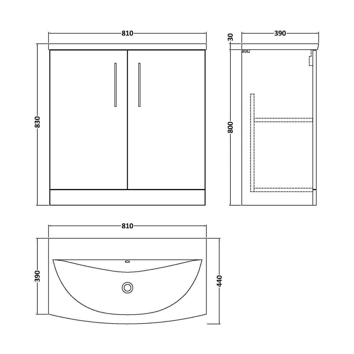 [BFLE805G] Bramshall Contemporary 2 Soft Close Doors Floor Standing Vanity Basin Unit, Choice of Size/Basin Type/Colour - Technical Drawing