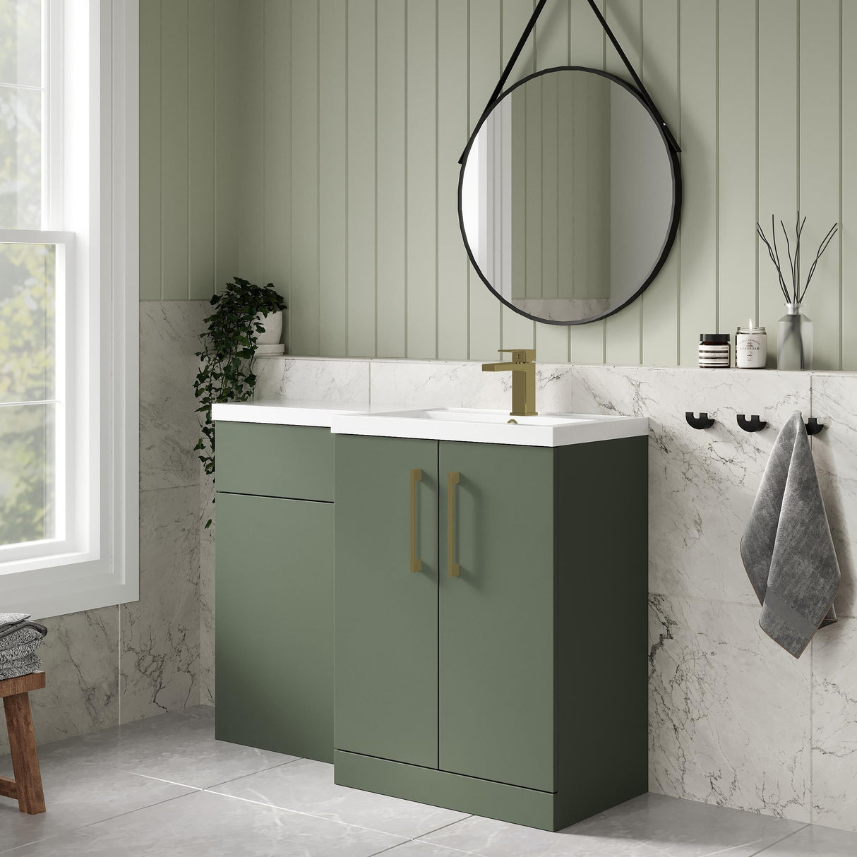 Bramshall Combination Vanity Unit with Basin & WC, Right Hand, 1100mm x 390mm - Choice of Colour and Handle Finish