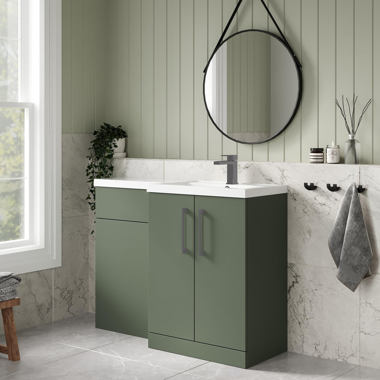 Bramshall Combination Vanity Unit with Basin & WC, Right Hand, 1100mm x 390mm - Choice of Colour and Handle Finish