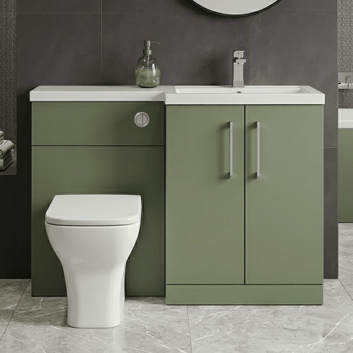 [BFLE811R] Bramshall Combination Vanity Unit with Basin & WC, Right Hand, 1100mm x 390mm - Choice of Colour and Handle Finish - Silo