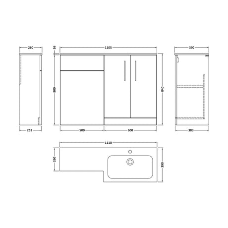 [BFLE812R] Bramshall Contemporary 2 Door Right-Hand Floor Standing Combination Unit with Stone Basin, Satin Green, 1100mm - Technical Drawing