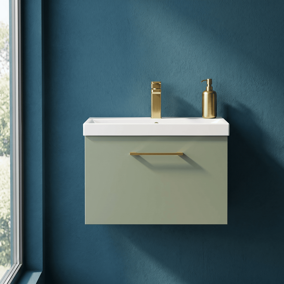 [BFLE822AH017] Bramshall Wall Hung 1 Drawer Vanity Unit with Mid-Edge Ceramic Basin 600mm - Studio Shot
