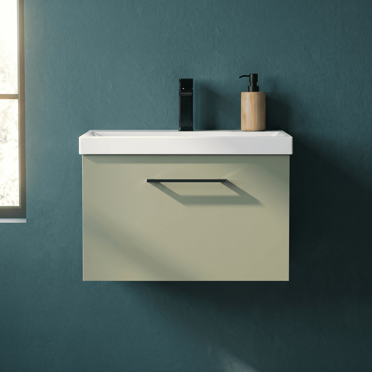 [BFLE822AH018] Bramshall Wall Hung 1 Drawer Vanity Unit with Mid-Edge Ceramic Basin 600mm - Studio Shot