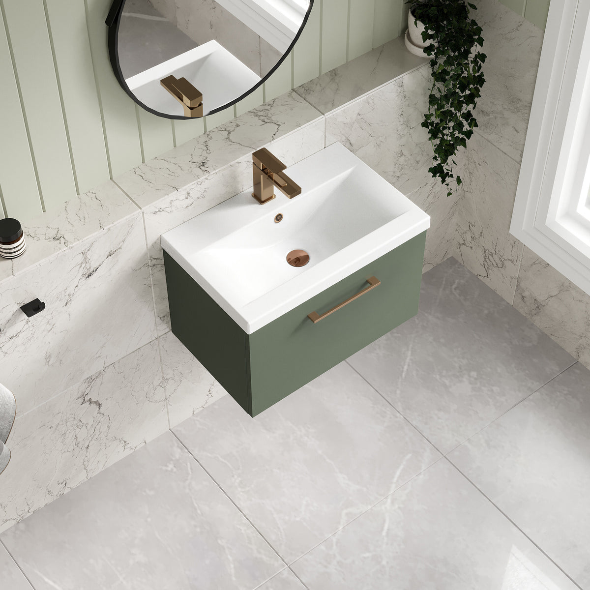 [BFLE822AH1516] Bramshall Wall Hung 1 Drawer Vanity Unit with Mid-Edge Ceramic Basin 600mm - Lifestyle 2