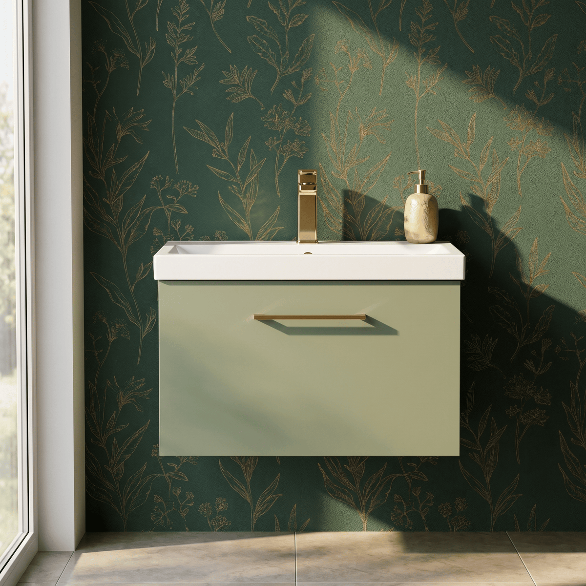 [BFLE822AH1516] Bramshall Wall Hung 1 Drawer Vanity Unit with Mid-Edge Ceramic Basin 600mm - Studio Shot