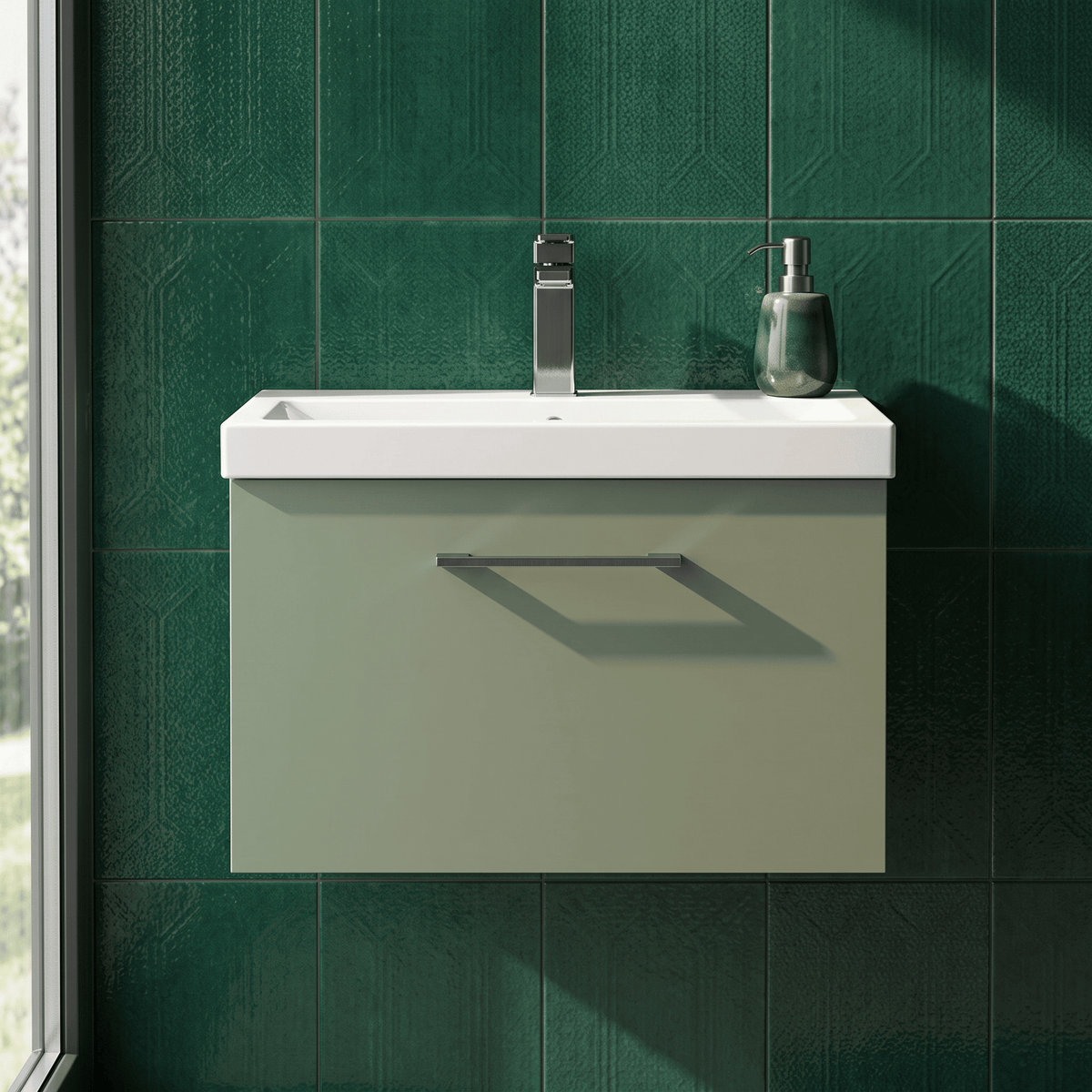 [BFLE822AH716] Bramshall Wall Hung 1 Drawer Vanity Unit with Mid-Edge Ceramic Basin 600mm - Studio Shot
