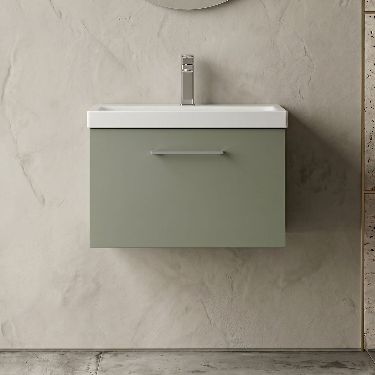 [BFLE822A] Bramshall Wall Hung 1 Drawer Vanity Unit with Mid-Edge Ceramic Basin - Choice of Colour, Handle Finish and Size - Silo