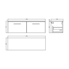 [BFLE822W2] Balterley Level Modern Bathroom 1200mm Wall Hung 2-Soft Close Drawer Vanity Unit with Worktop, 1205 x 377 x 390mm, Satin Green - Technical Drawing