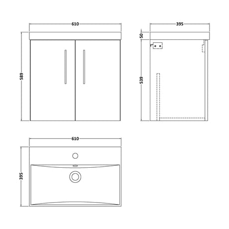 [BFLE823D] Balterley  Contemporary Bathroom 2-Door Wall-Hung Thin-Edge Vanity Unit Basin, Satin Green, 600mm - Technical Drawing