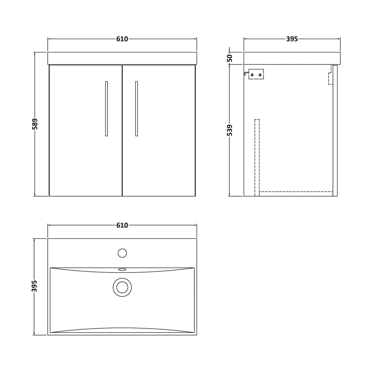[BFLE823D] Bramshall Contemporary 2 Door Wall Hung Vanity Basin Unit, Choice of Size, Colour and Basin - Technical Drawing
